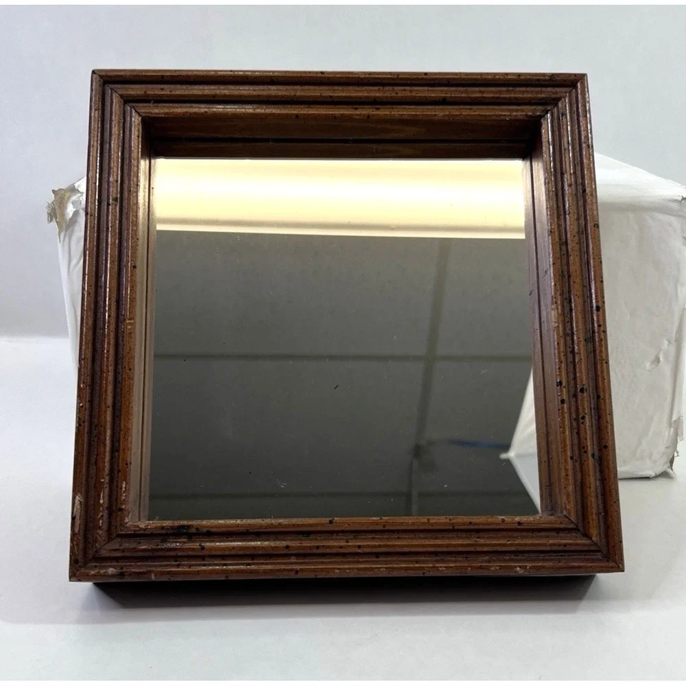 Carved Wood Square Wall Mirror 8x8 Brown Frame Diamond Hang Option